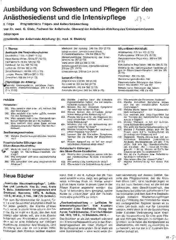 Vorschauseite 1: Ausbildung von Schwestern und Pflegern für den Anästhesiedienst und die Intensivpflege // Programmierte Fragenund Antwortsammlung