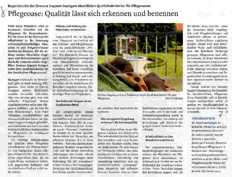 Vorschauseite 1: Begleitstudie der Demenz Support Stuttgart identifiziert Qualitätskriterien für Pflegeoasen Pflegeoase: Qualität las st sich erkennen und benennen