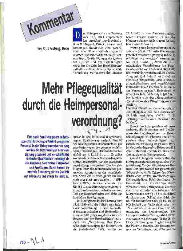 Vorschauseite 1: Mehr Pflegequalität durch die Heimpersonalverordnung? Kommentar