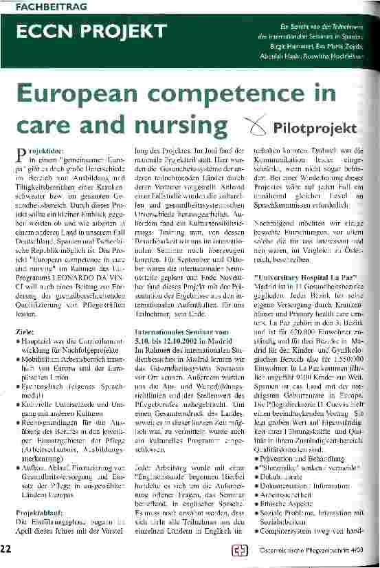Vorschauseite 1: European competence in care and nursing Pilotprojekt