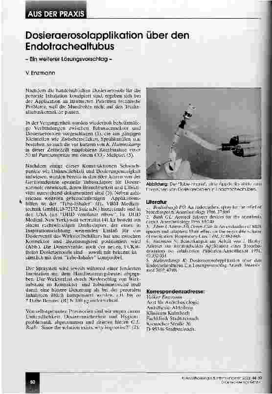 Vorschauseite 1: Dosieraerosolapplikation über den Endotrachealtubus Ein weiterer Lösungsvorschlag