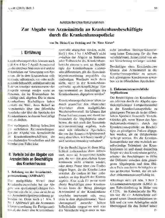 Vorschauseite 1: Zur Abgabe von Arzneimitteln an Krankenhausbeschäftigte durch die Krankenhausapotheke