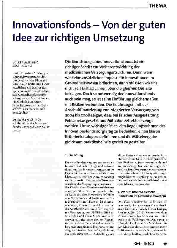 Vorschauseite 1: Innovationsfonds - Von der guten Idee zur richtigen Umsetzung