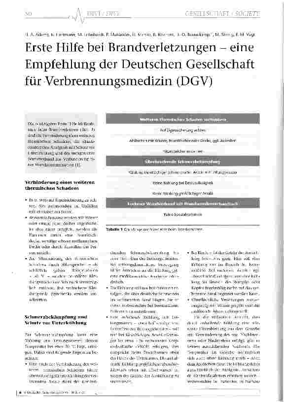 Vorschauseite 1: Erste Hilfe bei Brandverletzungen - eine Empfehlung der Deutschen Gesellschaft für Verbrennungsmedizin (DGV)