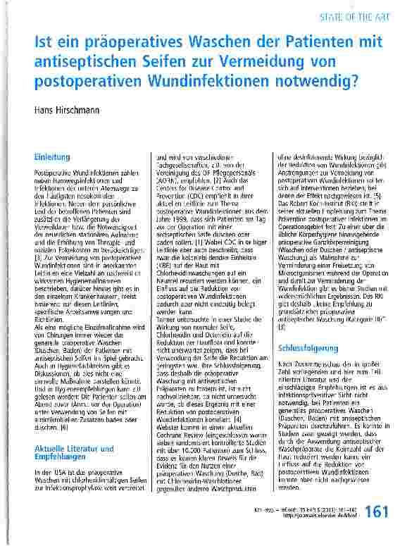 Vorschauseite 1: Ist ein präoperatlves Waschen der Patienten mit antiseptischen Seifen zur Vermeidung von postoperativen Wundinfektionen notwendig?