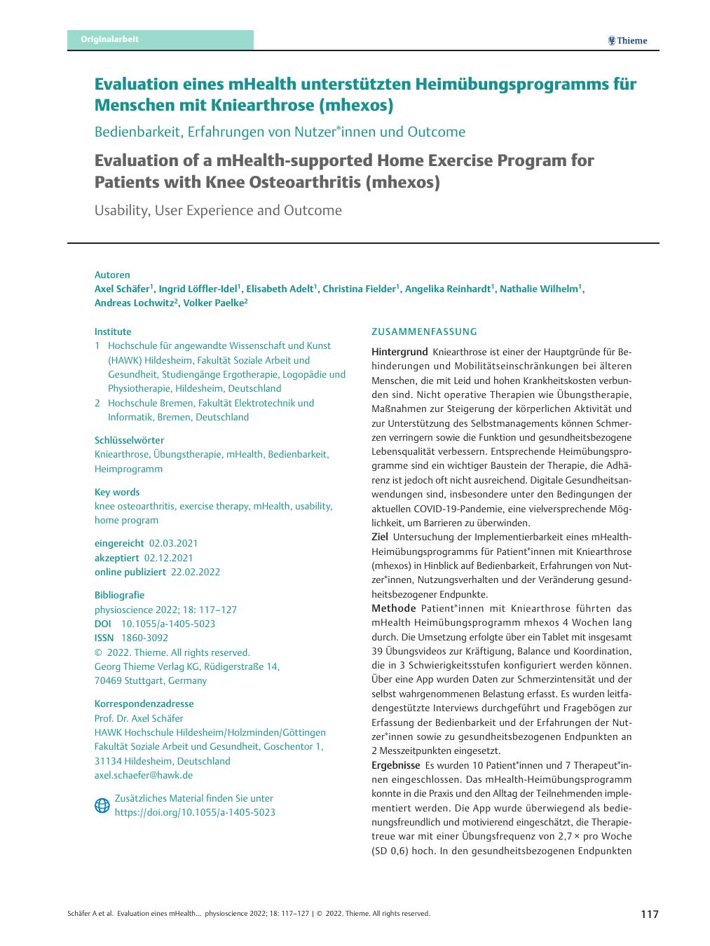 Vorschauseite 1: Evaluation eines mHealth-unterstützten Heimübungsprogramms für Menschen mit Kniearthrose (mhexos) – Bedienbarkeit, Erfahrungen von Nutzer*innen und Outcome