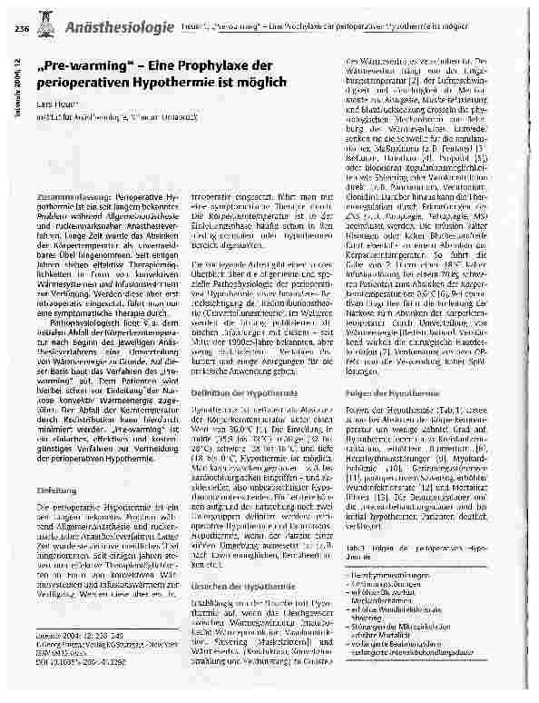 Vorschauseite 1: Pre-warming - Eine Prophylaxe der perioperativen Hypothermie ist möglich