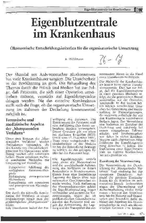 Vorschauseite 1: Eigenblutzentrale im Krankenhaus Ökonomische Entscheidungskriterien für die organisatorische Umsetzung