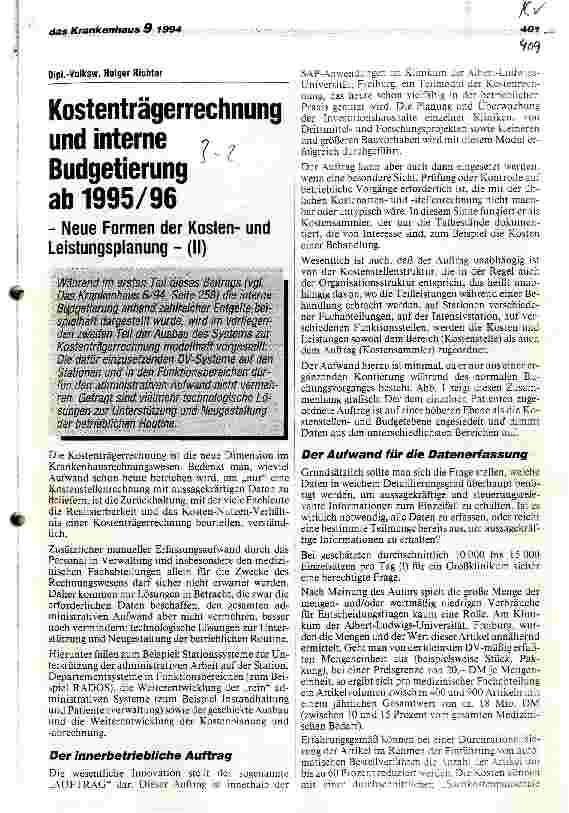 Vorschauseite 1: Kostenträgerrechnung und interne Budgetierung ab 1995/96 Neue Formen der Kostenund Leistungsplanung (II)