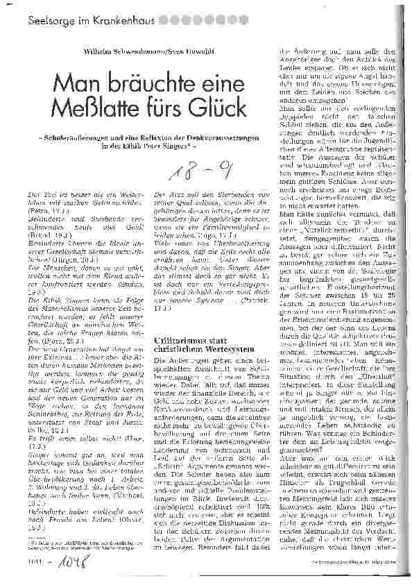 Vorschauseite 1: Man bräuchte eine Meßlatte fürs Glück Schüleräußerungen und eine Reflexion der Denkvoraussetzungen in der Ethik Peter Singers