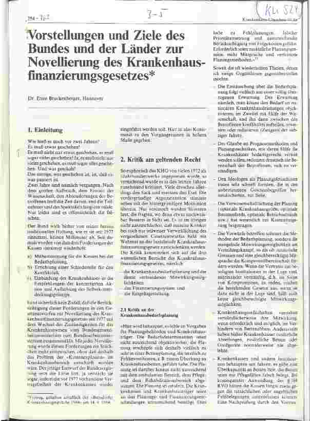 Vorschauseite 1: Vorstellungen und Ziele des Bunde und der Länder zur Novellierung des Krankenhausfinanzierungsgesetzes