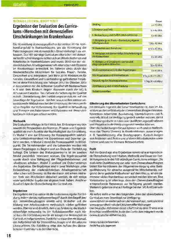 Vorschauseite 1: Ergebnisse der Evaluation des Curricu-lums »Menschen mit demenziellen Einschränkungen im Krankenhaus«