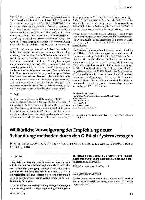 Vorschauseite 1: Willkürliche Verweigerung der Empfehlung neuer Behandlungsmethoden durch den G-BA als Systemversagen§§ 2 Abs. 1 S. 3, 12 Abs. 1, 13 Abs. 3, 27 Abs. 1, 92 Abs. l S. 2 Nr. 5, 135 Ab…