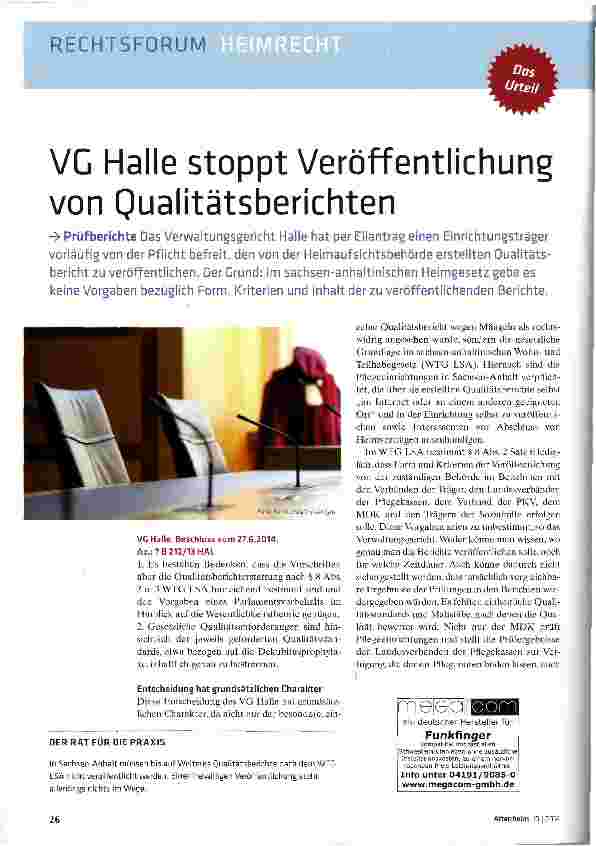 Vorschauseite 1: VC Halle stoppt Veröffentlichung von Qualitätsberichten