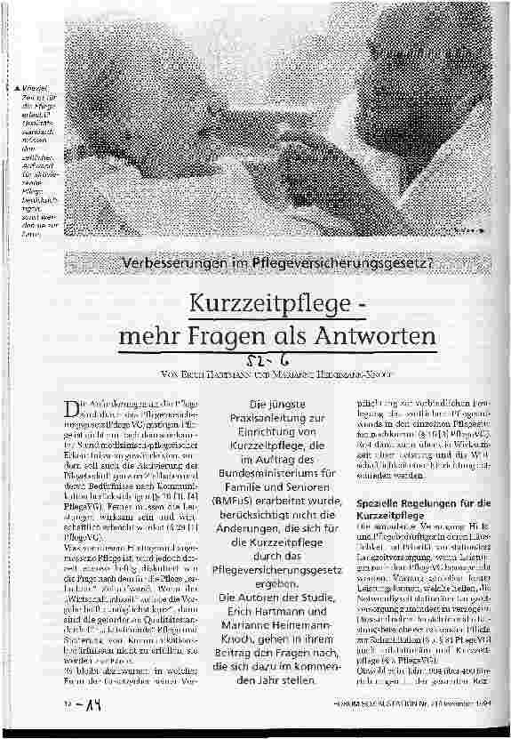 Vorschauseite 1: Kurzzeitpflege - mehr Fragen als Antworten Verbesserungen im Pflegeversicherungsgesetz?
