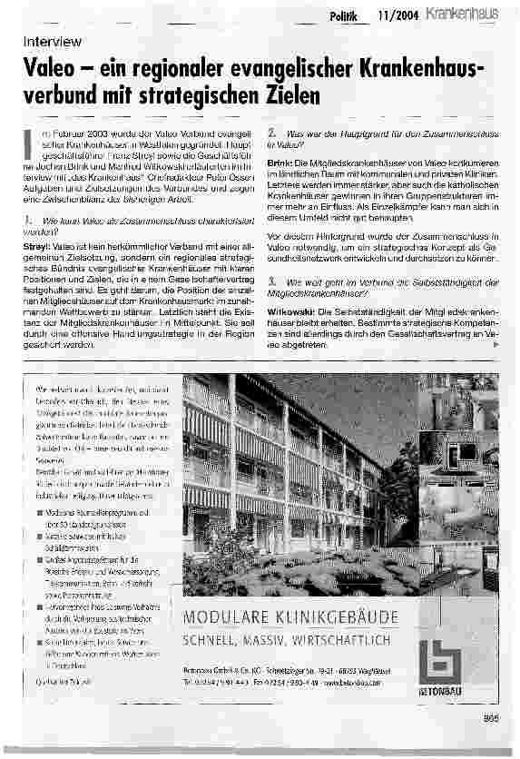 Vorschauseite 1: Valeo - ein regionaler evangelischer Krankenhausverbund mit strategischen Zielen
