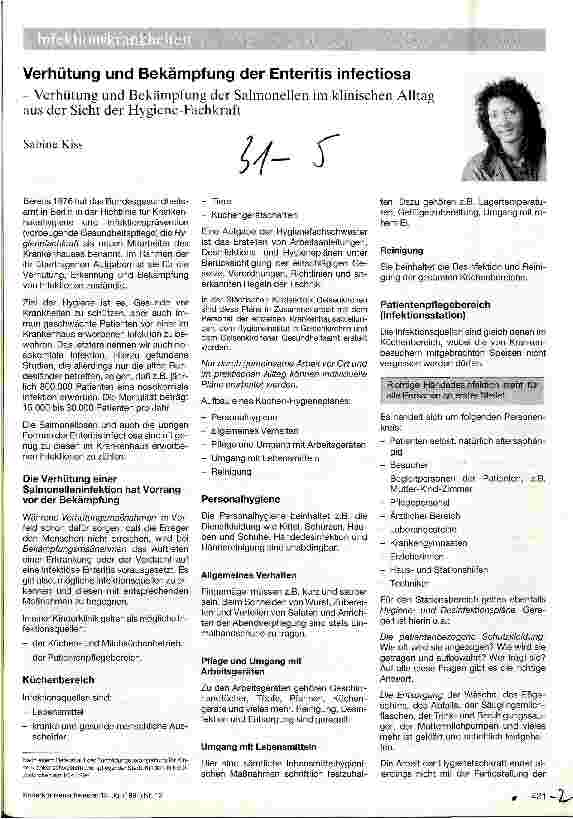 Vorschauseite 1: Verhütung und Bekämpfung der Enteritis infectiosa Verhütung und Bekämpfung der Salmonellen im klinischen Alltag aus der Sicht der Hygiene-Fachkraft