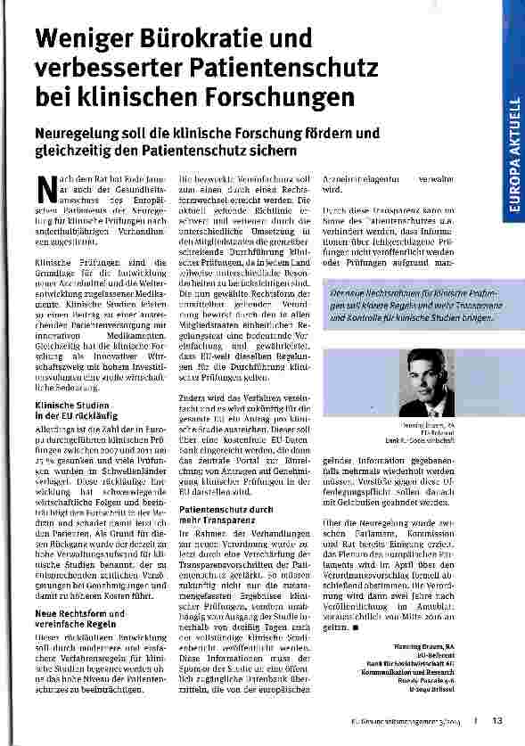 Vorschauseite 1: Weniger Bürokratie und verbesserter Patientenschutz bei klinischen Forschungen