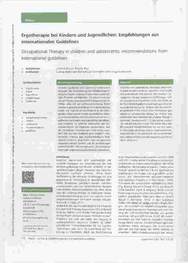 Vorschauseite 1: Ergotherapie bei Kindern und Jugendlichen: Empfehlungen aus internationalen Guidelines