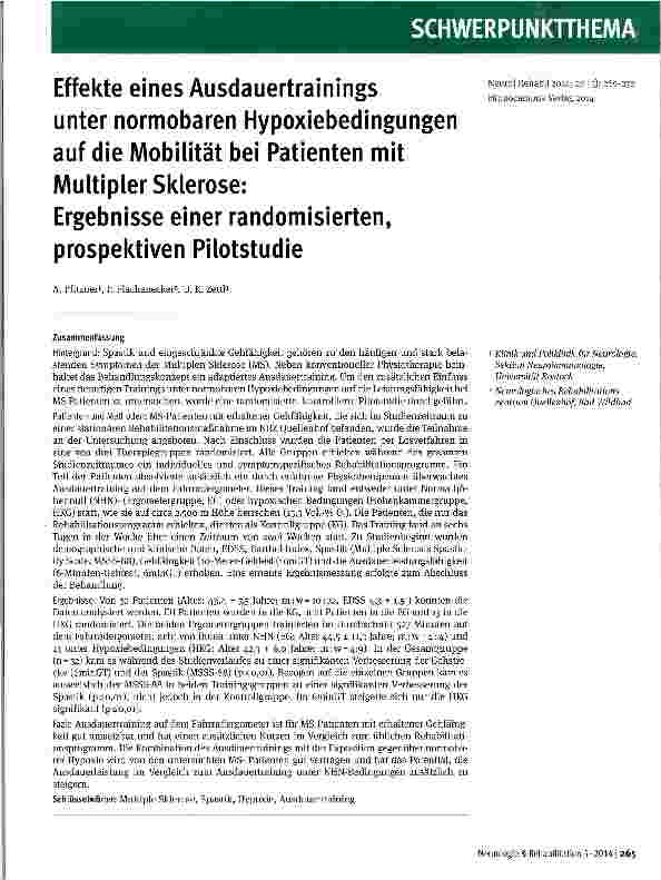 Vorschauseite 1: Effekte eines Ausdauertrainings unter normobaren Hypoxiebedingungen auf die Mobilität bei Patienten mit Multipler Sklerose: Ergebnisse einer randomisierten, prospektiven Pilotstud…