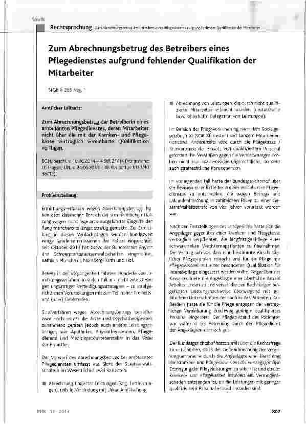 Vorschauseite 1: Zum Abrechnungsbetrug des Betreibers eines Pflegedienstes aufgrund fehlender Qualifikation der Mitarbeiter