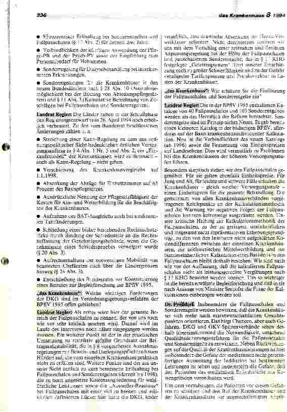 Vorschauseite 2: BPflV 1995: Abschluß einer fundamentalen Reform Interview mit DKG- Präsident Landrat K.Regler und DKG-Hauptgeschäftsführer Dr.K.Prößdorf