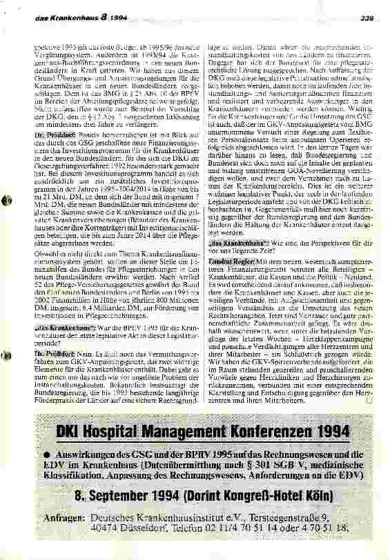 Vorschauseite 5: BPflV 1995: Abschluß einer fundamentalen Reform Interview mit DKG- Präsident Landrat K.Regler und DKG-Hauptgeschäftsführer Dr.K.Prößdorf