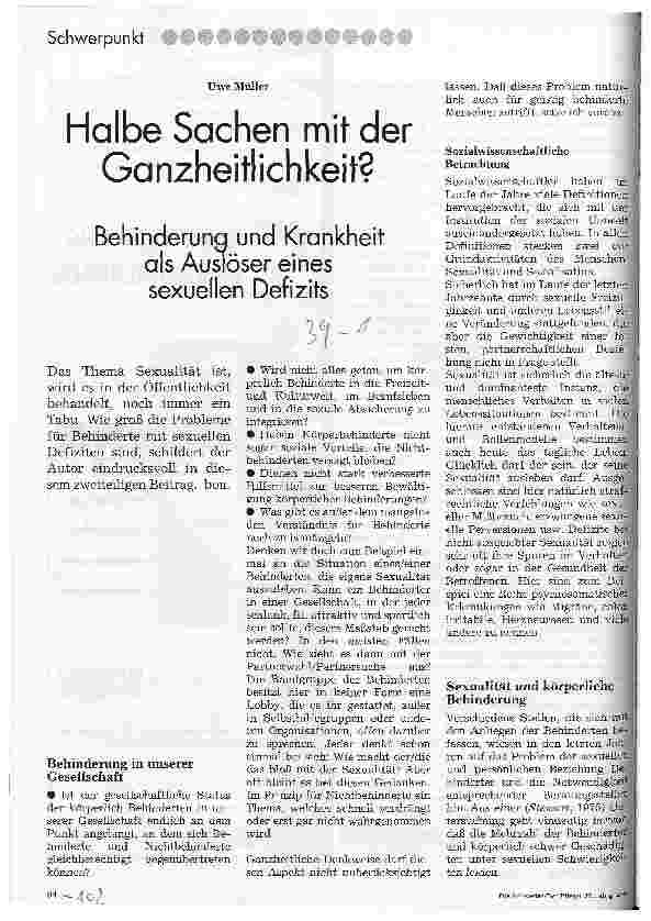 Vorschauseite 1: Halbe Sachen mit der Ganzheitlichkeit? Behinderung und Krankheit als Auslöser eines sexuellen Defizits