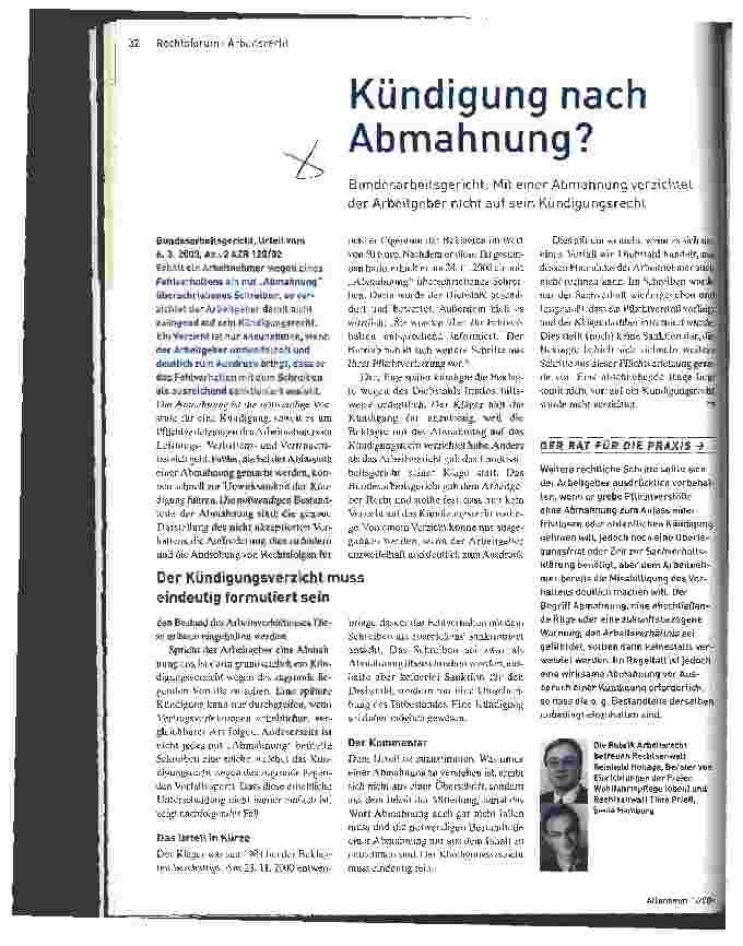 Vorschauseite 1: Kündigung nach Abmahnung?