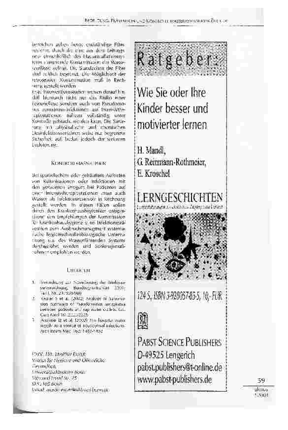 Vorschauseite 3: BEDEUTUNG, PRÄVENTION UND KONTROLLE WASSERASSOZIIERTER ERREGER NOSOKOMIALER INFEKTIONEN