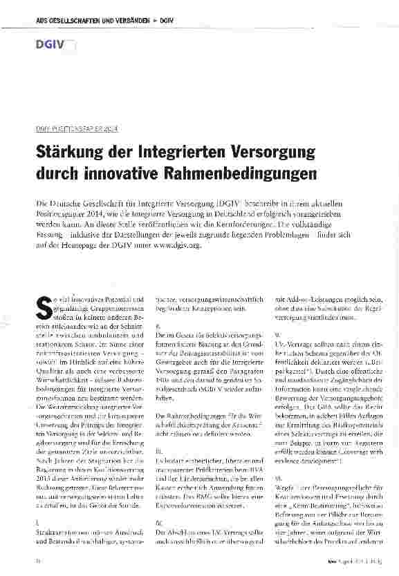 Vorschauseite 1: Stärkung der Integrierten Versorgung durch innovative Rahmenbedingungen