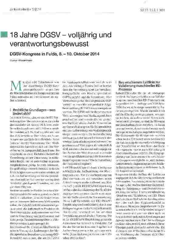 Vorschauseite 1: 18 Jahre DGSV - volljährig und verantwortungsbewusst DGSV-Kongress in Fulda, 8. -10. Oktober 2014