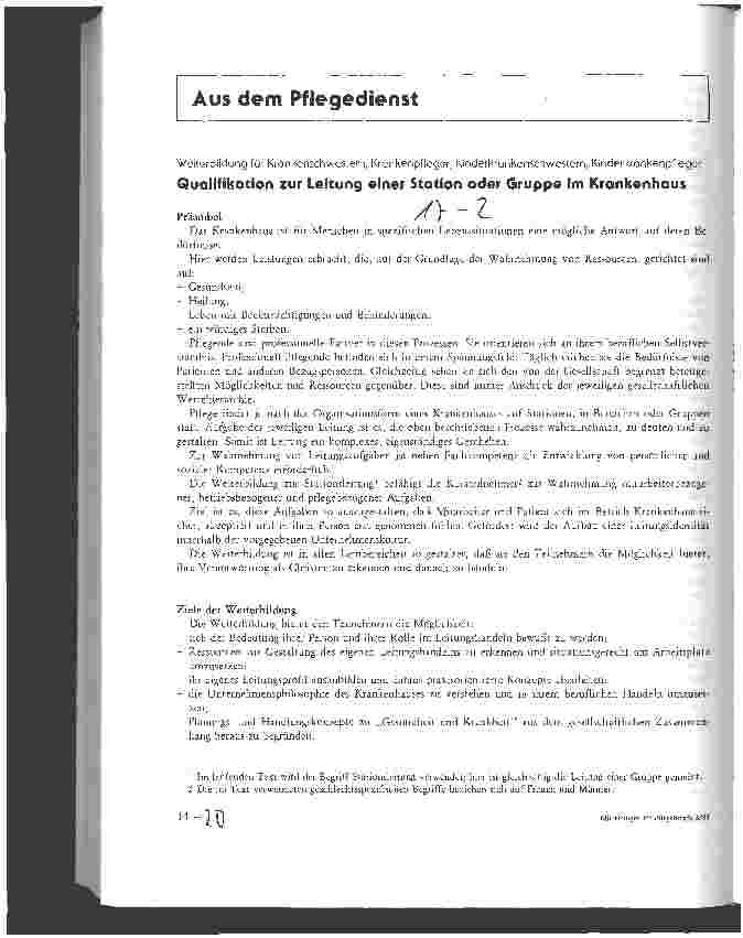 Vorschauseite 1: Qualifikation zur Leitung einer Station oder Gruppe im Krankenhaus Weiterbildung für (Kinder)KrankenSchwestern und -Pfleger