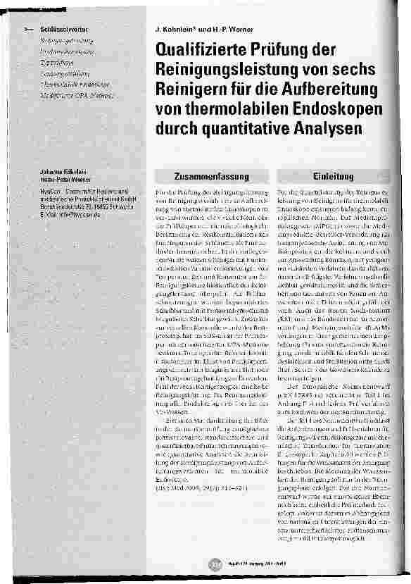 Vorschauseite 1: Qualifizierte Prüfung der Reinigungsleistung von sechs Reinigern für die Aufbereitung von thermolabilen Endoskopen durch quantitative Analysen