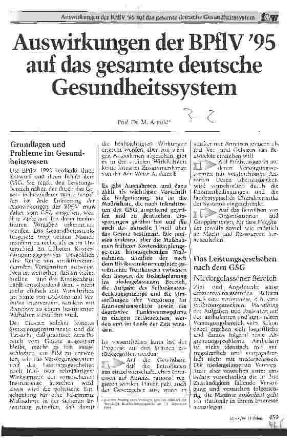 Vorschauseite 1: Auswirkungen der BPflV 95 auf das gesamte deutsche Gesundheitssystem