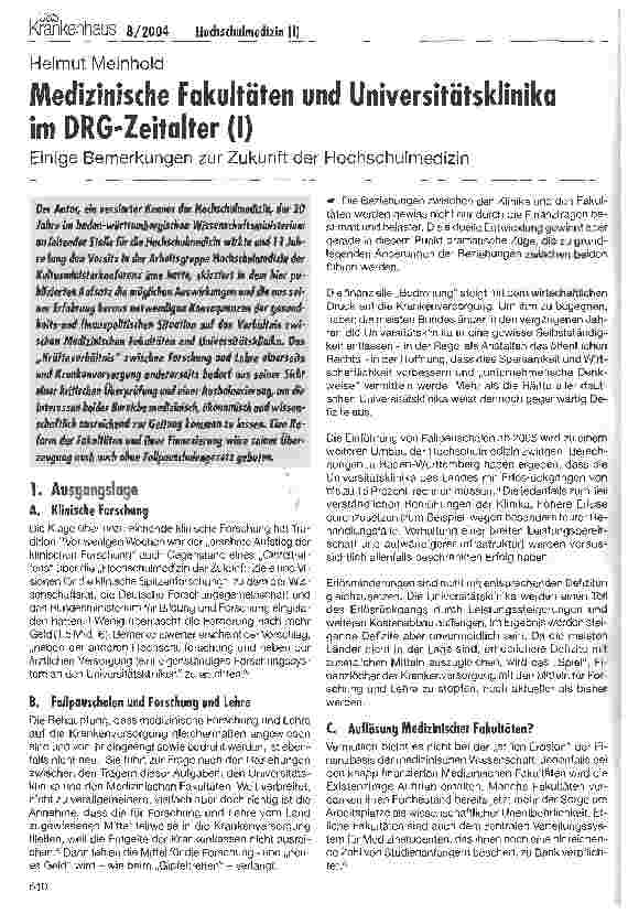 Vorschauseite 1: Medizinische Fakultäten und Universitätsklinika im DRG-Zeitalter (I)Einige Bemerkungen zur Zukunft der Hochschulmedizin