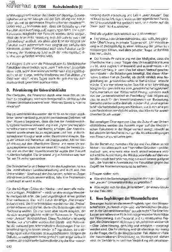 Vorschauseite 2: Medizinische Fakultäten und Universitätsklinika im DRG-Zeitalter (I)Einige Bemerkungen zur Zukunft der Hochschulmedizin