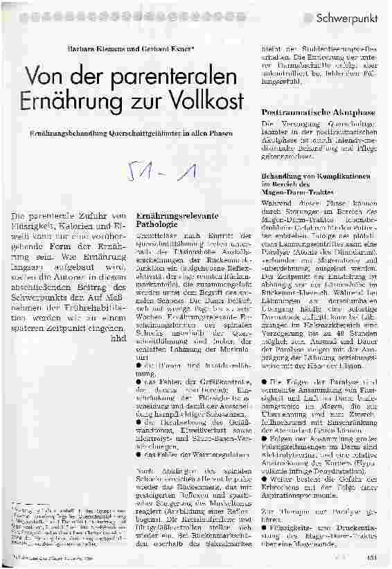Vorschauseite 1: Von der parenteralen Ernährung zur Vollkost Ernährungsbehandlung Querschnittgelähmter in allen Phasen