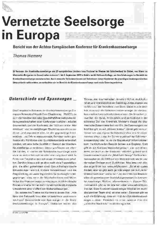 Vorschauseite 1: Vernetzte Seelsorge in EuropaBericht von der Achten Europäischen Konferenz für Krankenhausseelsorge
