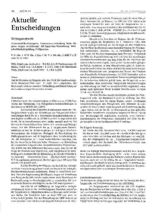 Vorschauseite 1: Aktuelle Entscheidungen Vertragsarztrecht
