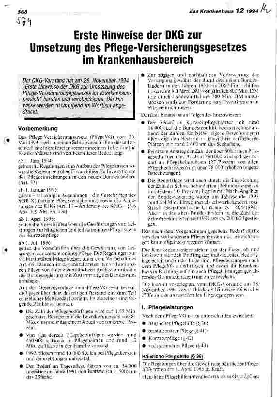 Vorschauseite 1: Erste Hinweise derDKG zur Umsetzung des Pflege-Versicherungsgesetzes im Krankenhausbereich