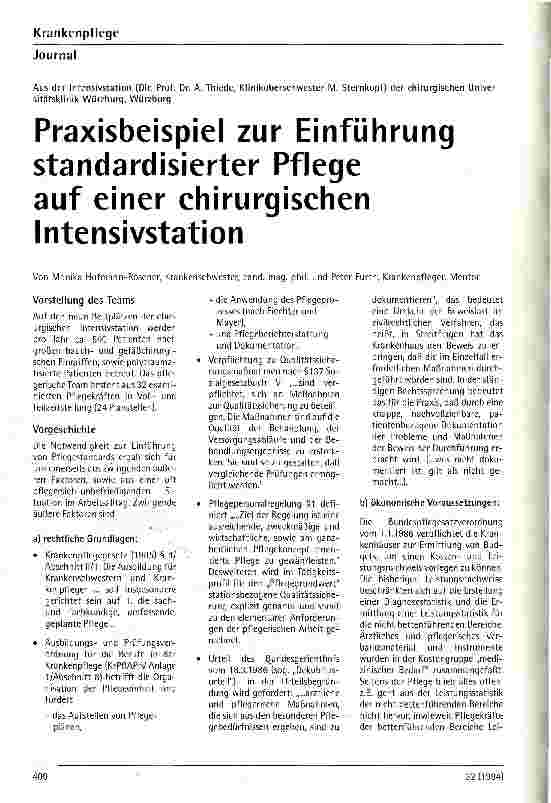 Vorschauseite 1: Praxisbeispiel zur Einführung standardisierter Pflege auf einer chirurgischen Intensivstation