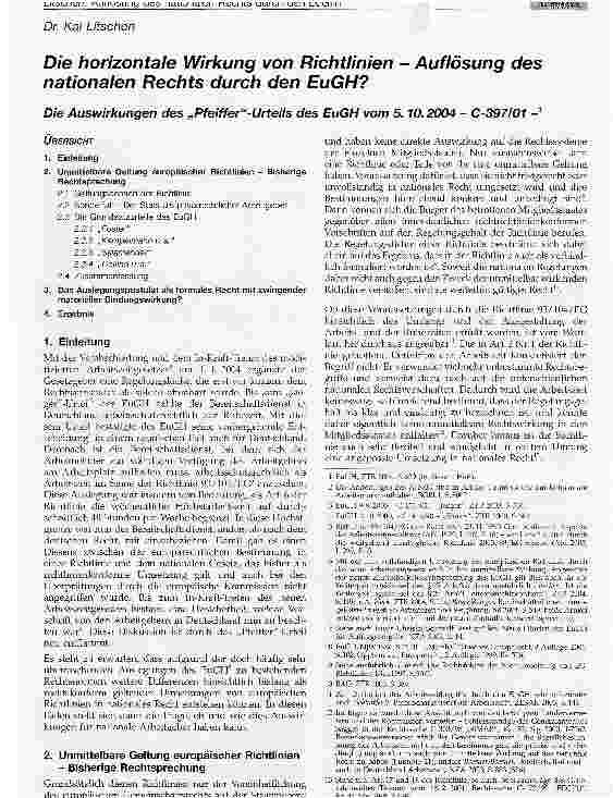 Vorschauseite 1: Die horizontale Wirkung von Richtlinien - Auflösung des nationalen Rechts durch den EuGH?