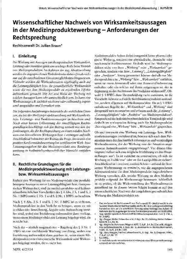 Vorschauseite 1: Wissenschaftlicher Nachweis von Wirksamkeitsaussagen in der Medizinproduktewerbung - Anforderungen der Rechtsprechung