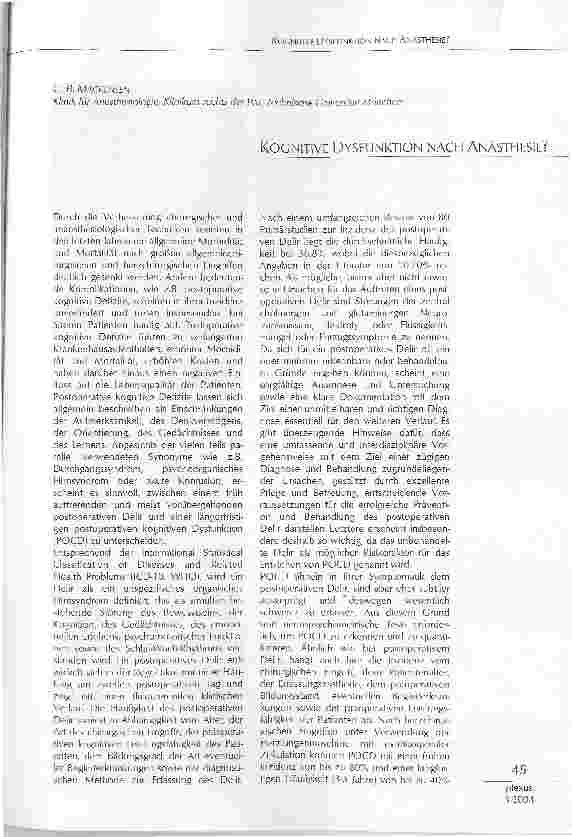 Vorschauseite 1: KOGNITIVE DYSFUNKTION NACH ANÄSTHESIE?