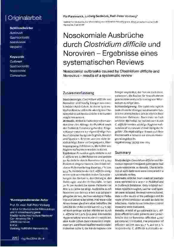 Vorschauseite 1: Nosokomiale Ausbrüche durch Clostridium difficile und Noroviren - Ergebnisse eines systematischen Reviews