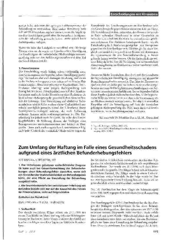 Vorschauseite 1: Zum Umfang der Haftung im Falle eines Gesundheitsschadens aufgrund eines ärztlichen Befunderhebungsfehlers BGB §823 Abs. 1; ZPO §§286, 287