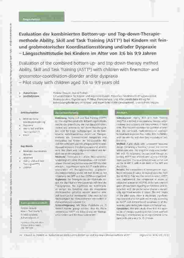 Vorschauseite 1: Evaluation der kombinierten Bottom-upund Top-down-Therapiemethode Ability, Skill and Task Training (ASTT®) bei Kindern mit feinund grobmotorischer Koordinationsstörung und/oder Dy…