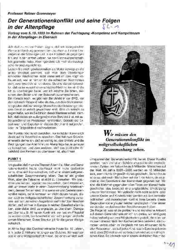 Vorschauseite 1: Der Generationenkonflikt und seine Folgen in der Altenpflege Vortrag v.5.10.93 i.Rahmen d.Fachtagung Kompetenz und Kompetenzen i.d.Altenpfl