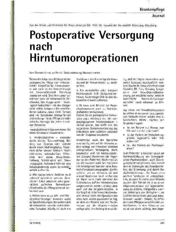 Vorschauseite 1: Postoperative Versorgung nach Hirntumorpatienten